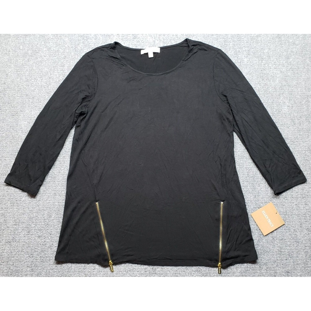 Ellen Tracy Blouse Womens L Black Round Neck 3/4 Sleeve Solid Side Zip Stretch
